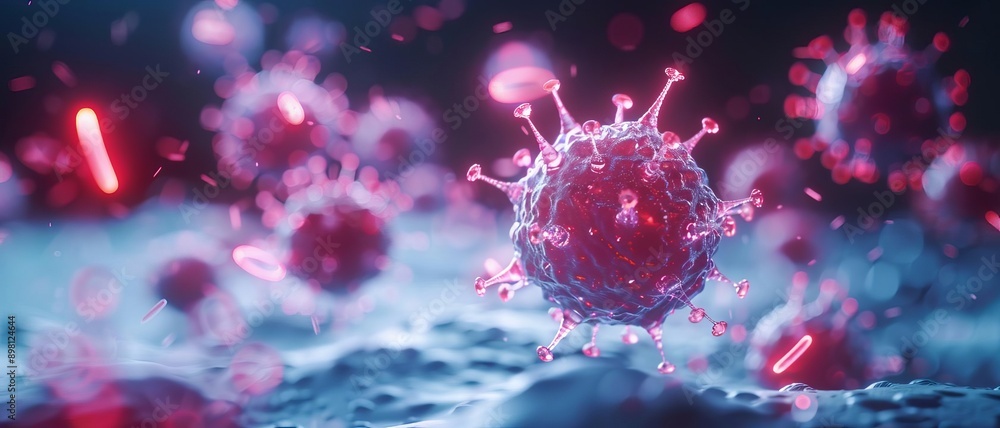 Close-up view of a virus particle in a digital style, showcasing intricate details and glowing effects, representing infection and science. Close-up view of a virus particle in a digital style, showcasing intricate details and glowing effects, representing infection and science.