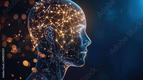 A digital rendering of an artificial intelligence with a glowing network of connections inside its head, suggesting its advanced cognitive abilities. Generative AI