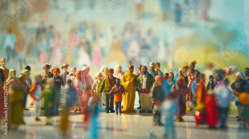 Miniature figurines of different cultural backgrounds gathered against a softly blurred art exhibition, Celebrating diversity in creative expression, photography style