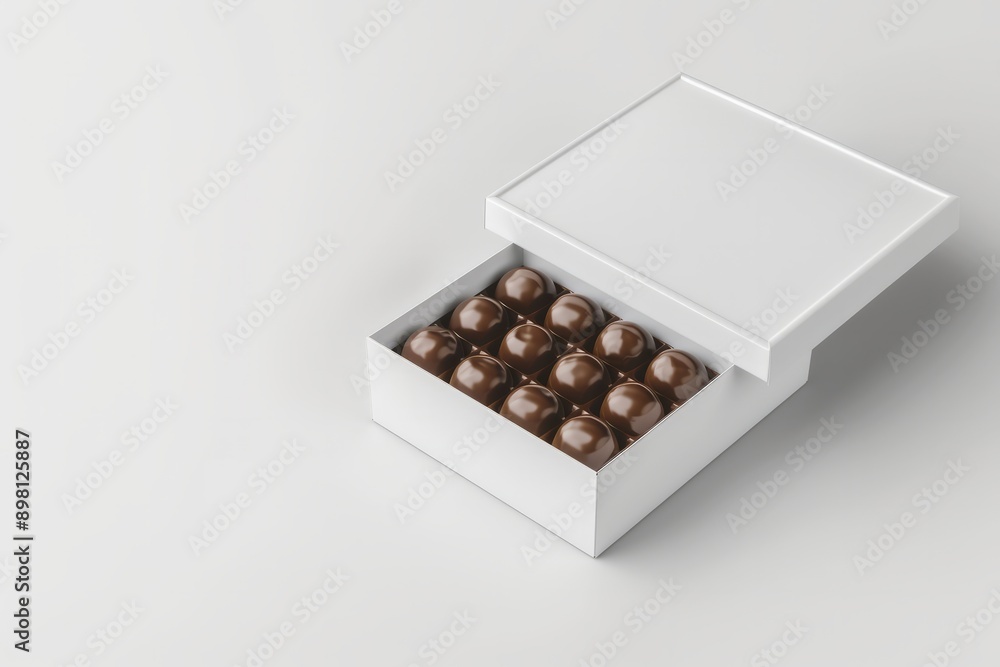 Mockup of chocolate box with candies inside, on white background, branding Mockup of chocolate box with candies inside, on white background, branding