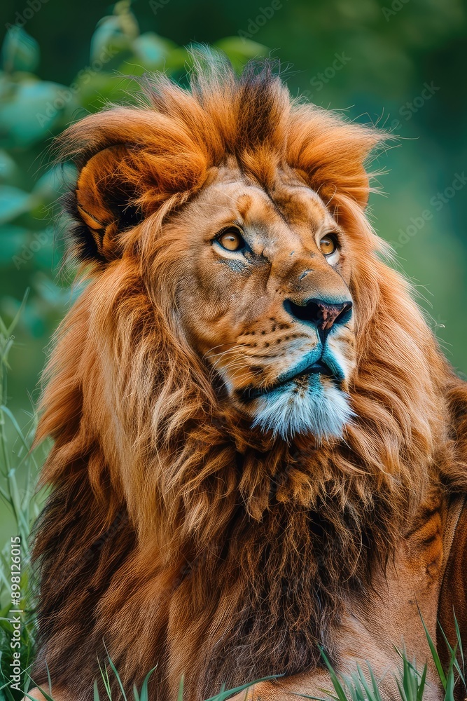 Fototapeta premium Portrait of a lion in nature. Selective focus.