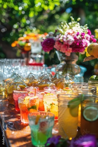 Various cocktails with berries and fruits in the garden. Selective focus.