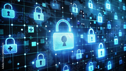 Digital screen displaying compromised medical records with sensitive patient information scattered across dark desktop background with broken lock icons.