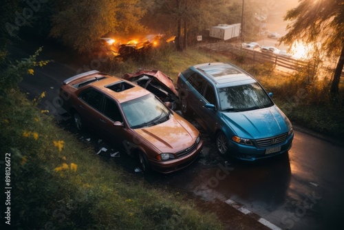 Two Cars Parked On A Road With A Wrecked Car In The Background