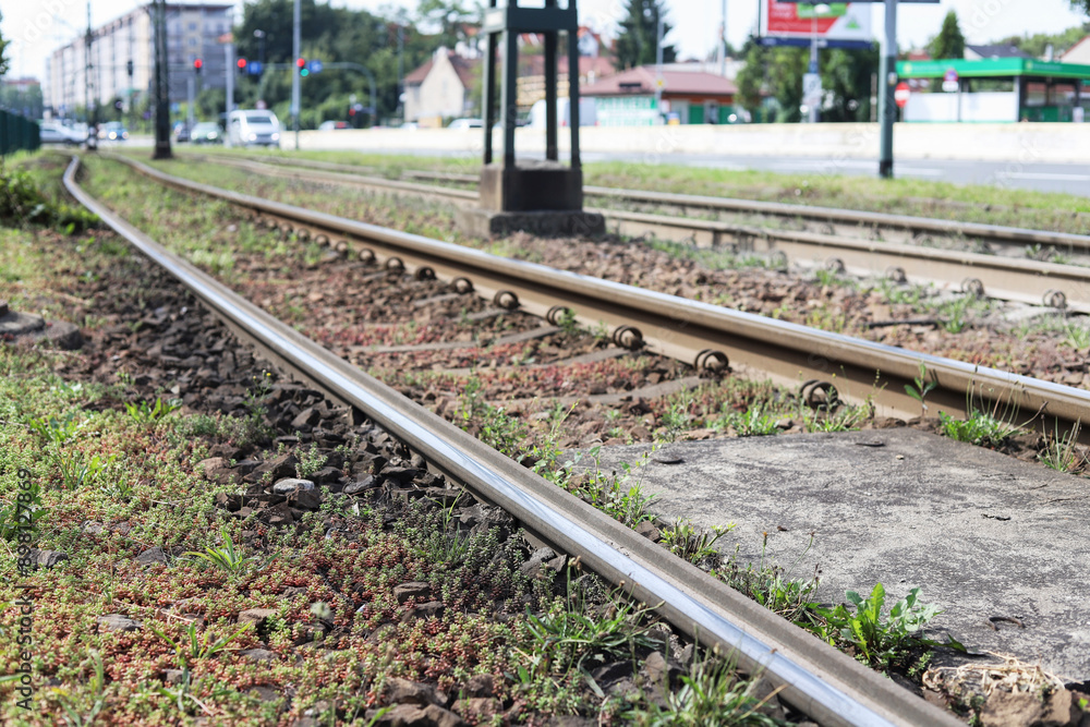 Tram track rails in a European city. Tram track rails in a European city.