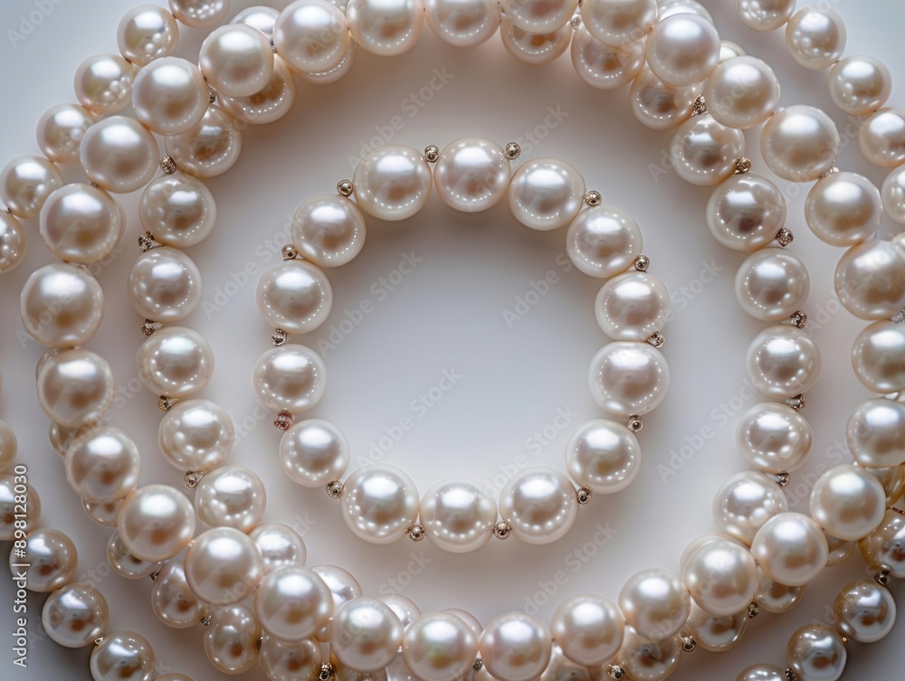 Bird's-eye perspective of elegant pearl necklaces laid out in a circular pattern, clear space for text Bird's-eye perspective of elegant pearl necklaces laid out in a circular pattern, clear space for text