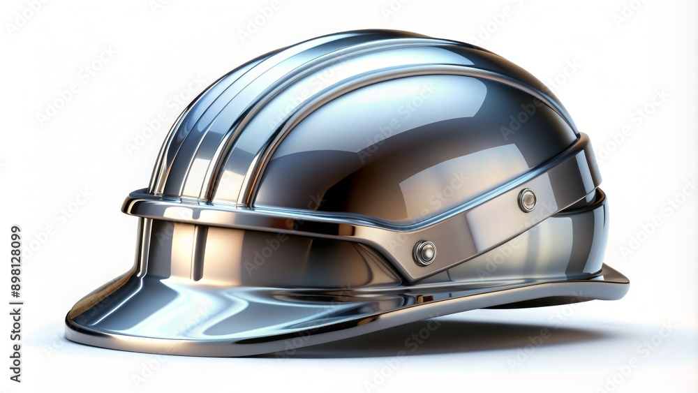 Fototapeta premium Sleek, silver, futuristic, metallic 3D work helmet icon with a visor, perfect for industrial, engineering, or construction-themed designs.