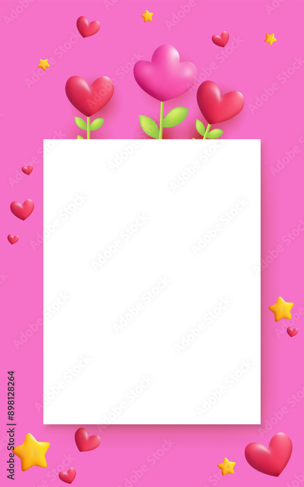 A 3D paper mockup with hearts and flowers on a pink background. This vector illustration is perfect for romantic posters, banners, or greeting cards. Modern and customizable with text. Not AI. A 3D paper mockup with hearts and flowers on a pink background. This vector illustration is perfect for romantic posters, banners, or greeting cards. Modern and customizable with text. Not AI.