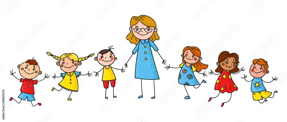 Hand drawn children with teacher doodles and sketches of happy, smiling kids. Cartoon style characters cheerful scenes of friendship and fun. Ideal for educational and preschool settings. Not AI. Hand drawn children with teacher doodles and sketches of happy, smiling kids. Cartoon style characters cheerful scenes of friendship and fun. Ideal for educational and preschool settings. Not AI.
