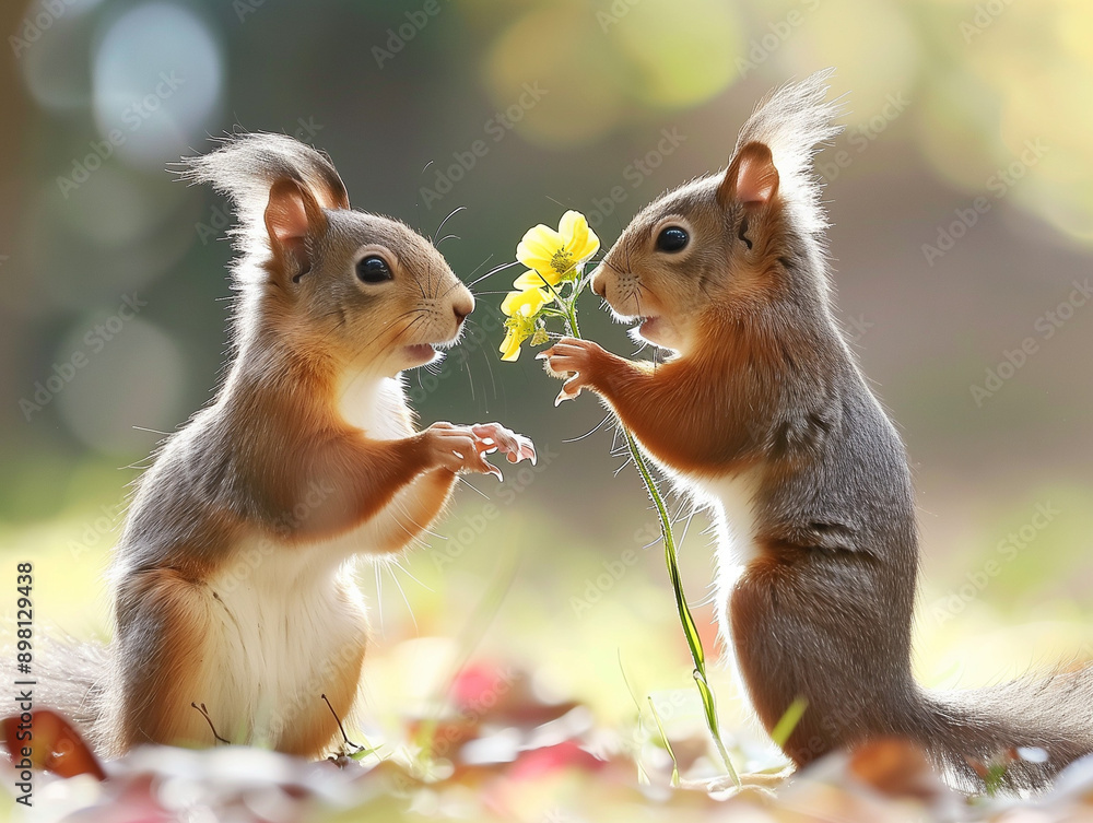 Cute squirrel offering a flower gift to its lover Cute squirrel offering a flower gift to its lover