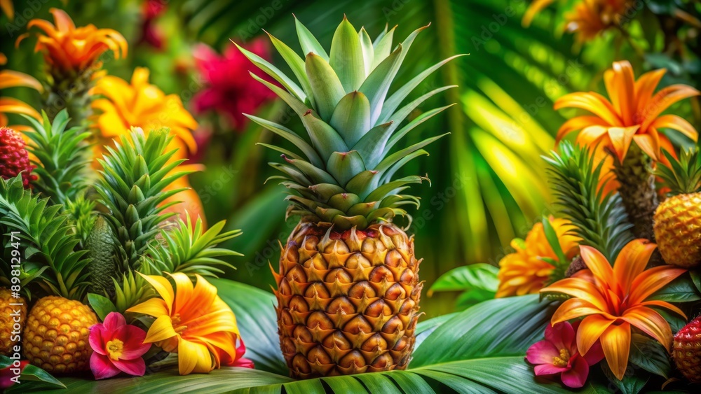 Vibrant pineapple against tropical backdrop with lush green leaves and exotic flowers in warm, sun-kissed hues of orange and yellow. Vibrant pineapple against tropical backdrop with lush green leaves and exotic flowers in warm, sun-kissed hues of orange and yellow.