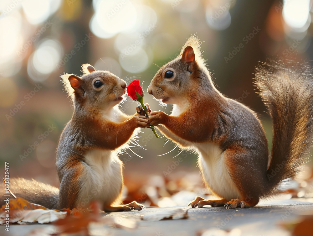 Cute squirrel offering a flower gift to its lover Cute squirrel offering a flower gift to its lover