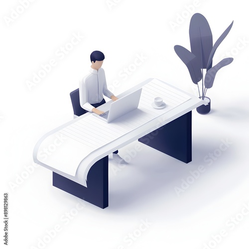 Isometric View of Minimalist Workspace with Laptop on Paper Document Table photo