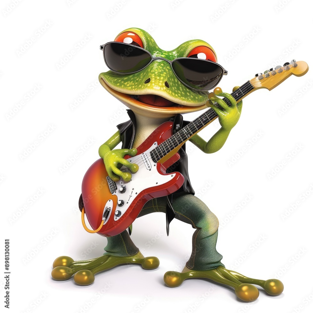 Obraz premium Cool Frog with Sunglasses in Leather Jacket Playing Electric Guitar