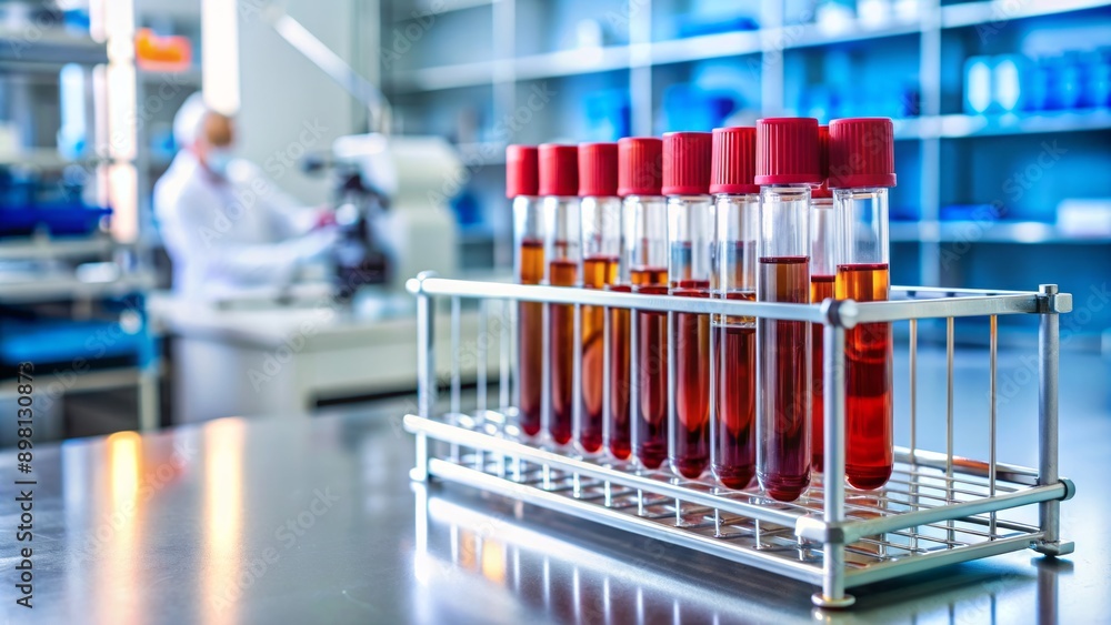 Laboratory equipment and machinery blurred in the background with a solo blood sample tube held in a metal rack awaiting analysis. Laboratory equipment and machinery blurred in the background with a solo blood sample tube held in a metal rack awaiting analysis.