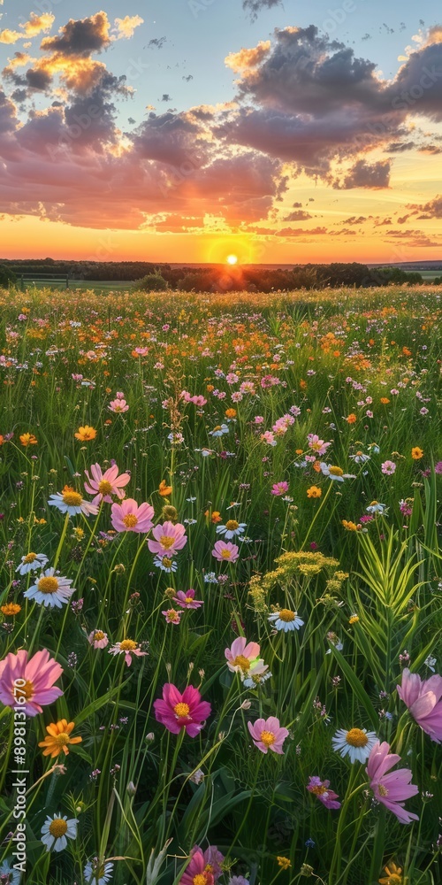 Obraz premium Native prairie restoration, wildflowers, sunset, bird's-eye view, biodiversity increase, vibrant colors, wide-angle shot