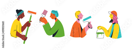 Multicultural team flat vector illustration. Unity in diversity. People of different nationalities with tools for repair work. Multinational society. Teamwork, cooperation, friendship concept.