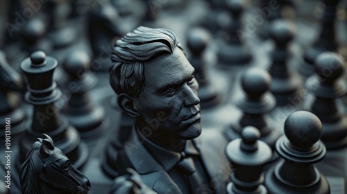 A chess piece in the form of a man's head stands out amongst other pieces. photo