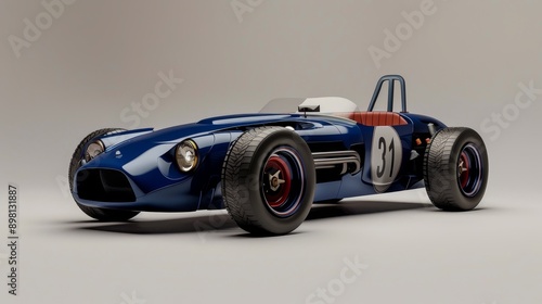 A classic blue race car with the number 31 on the side, against a grey background.