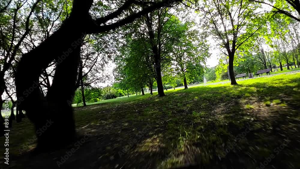 This is a first-person perspective video of a walk through a park. The video is taken on a sunny day, and the lush green trees and grass are in full bloom. The park is well-maintained, with paved This is a first-person perspective video of a walk through a park. The video is taken on a sunny day, and the lush green trees and grass are in full bloom. The park is well-maintained, with paved