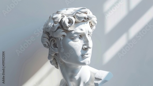 A close-up of a white marble bust sculpture, illuminated by soft sunlight, creating a dramatic contrast.