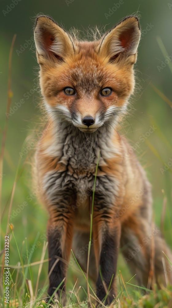 A young fox stands in a field of green grass A young fox stands in a field of green grass