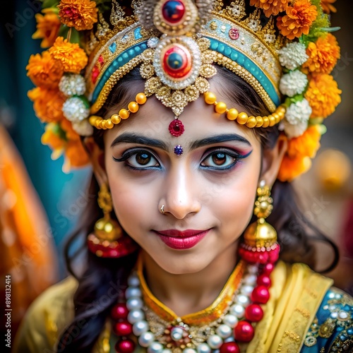 Close-up portrait of young woman dressed up as Lord Krishna on the occasion of Janmashtami