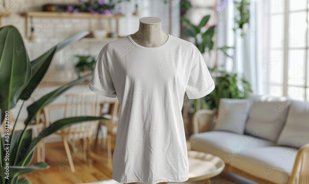 Gildan unisex oversized T-shirt mockup in cozy living room with natural light and plants, showcasing detailed fabric textures and comfortable setting Gildan unisex oversized T-shirt mockup in cozy living room with natural light and plants, showcasing detailed fabric textures and comfortable setting