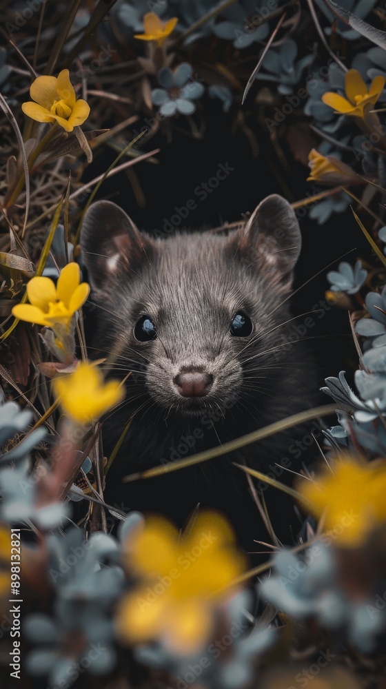Arctic fox with yellow wildflowers in the foreground Arctic fox with yellow wildflowers in the foreground