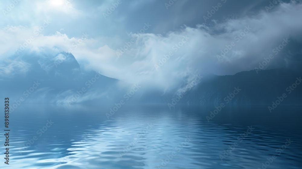 Fototapeta premium Lake merging into a mist, calm water, blue tone.