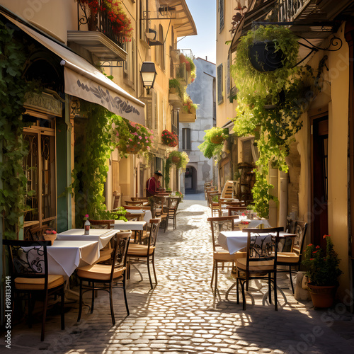 Romantic European City Street View: Exquisite Architecture, Cobblestone Streets, and Alfresco Cafe © Lily