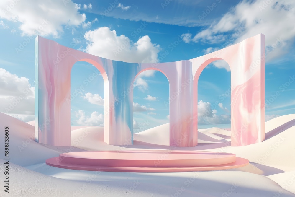 Naklejka premium Marble arches in an abstract pastel desert setting with soft pink and blue hues, creating a serene and imaginative atmosphere suitable for modern and conceptual themes.