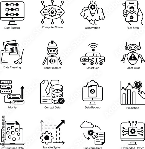 Collection of Data Processing and AI Line Style Icons

