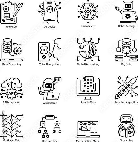 Bundle of Robotics and AI Line Icons

