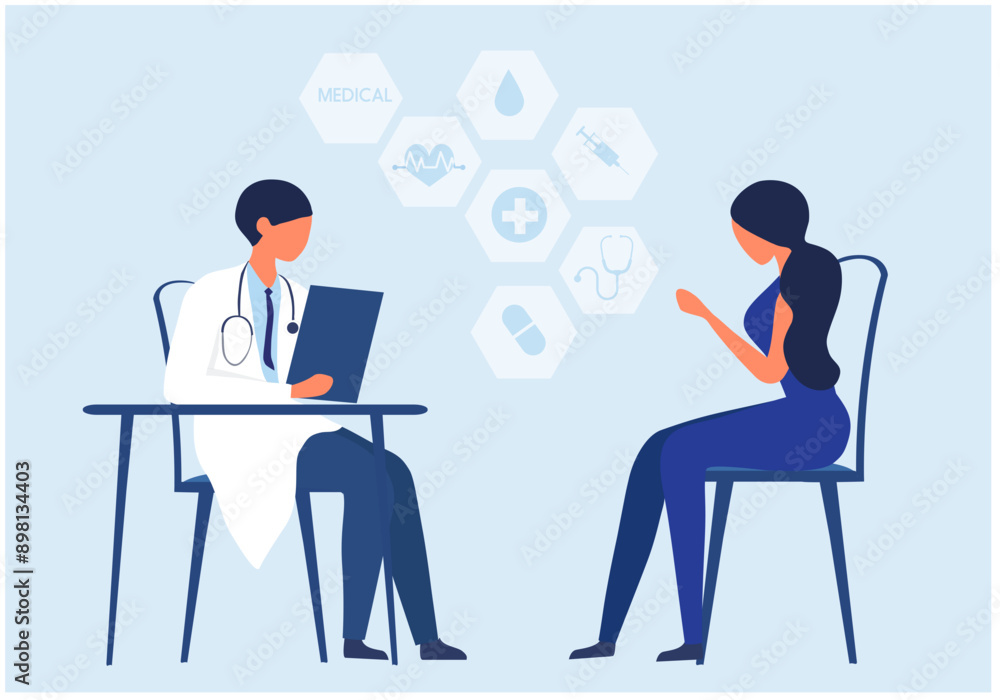 Woman patient consulting depression problem with doctor at hospital vector illustration. Doctor consultation concept Woman patient consulting depression problem with doctor at hospital vector illustration. Doctor consultation concept
