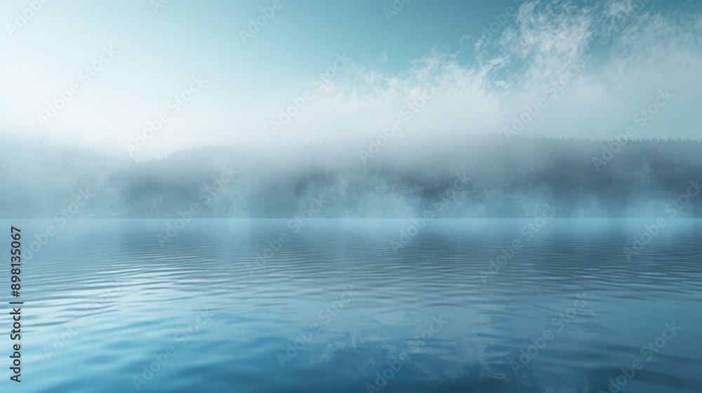 Lake merging into a mist, calm water, blue tone. Lake merging into a mist, calm water, blue tone.