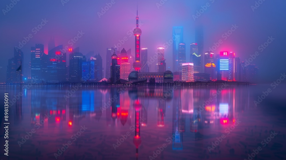 Fototapeta premium Twilight urban cityscape blurred lights and reflective surface crafting dreamy ambiance