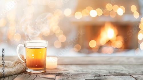 Hot cider by a fireplace on a snowy day focus on, winter relaxation, ethereal, Multilayer, fireplace photo