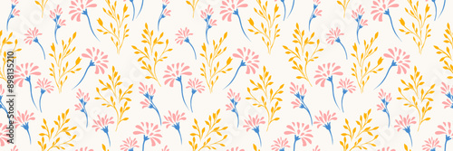 Colorful summer  pattern with abstract tiny floral stems and small branches. Vector hand drawing unique flowers on a light background. Simple ornament for designs, textile, cover,  fabric, wallpaper