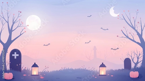 Spooky graveyard, misty night, glowing lanterns, Halloween ambiance, Watercolor style photo