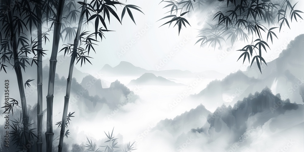 Serene Bamboo Forest in Misty Mountains. A Traditional Japanese Ink Wash Painting Serene Bamboo Forest in Misty Mountains. A Traditional Japanese Ink Wash Painting