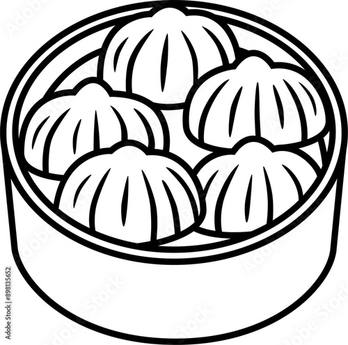 Illustration of steamed dumplings in a bamboo steamer drawn with black lines