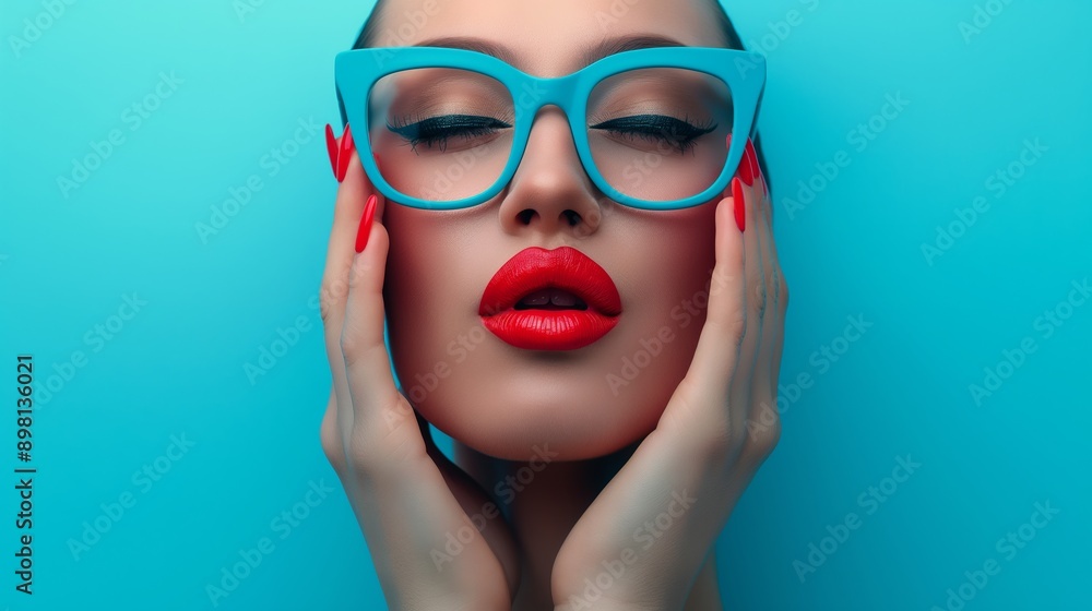 A woman with blue glasses and red lipstick. She is holding her hands together. The image has a bright and cheerful mood A woman with blue glasses and red lipstick. She is holding her hands together. The image has a bright and cheerful mood