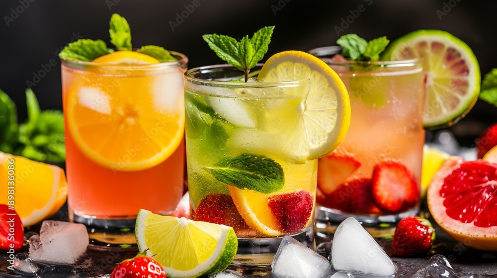 Three glasses of fruit punch with ice and fruit slices Three glasses of fruit punch with ice and fruit slices