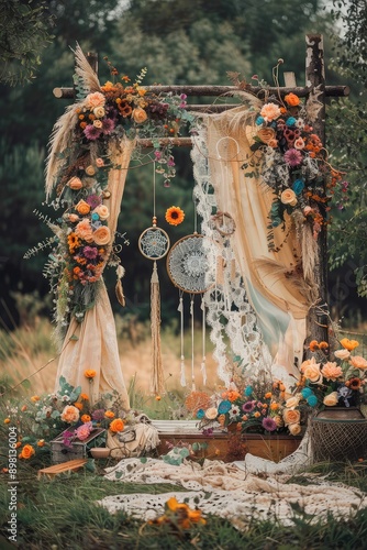 Photo zone in boho style in nature. Selective focus.