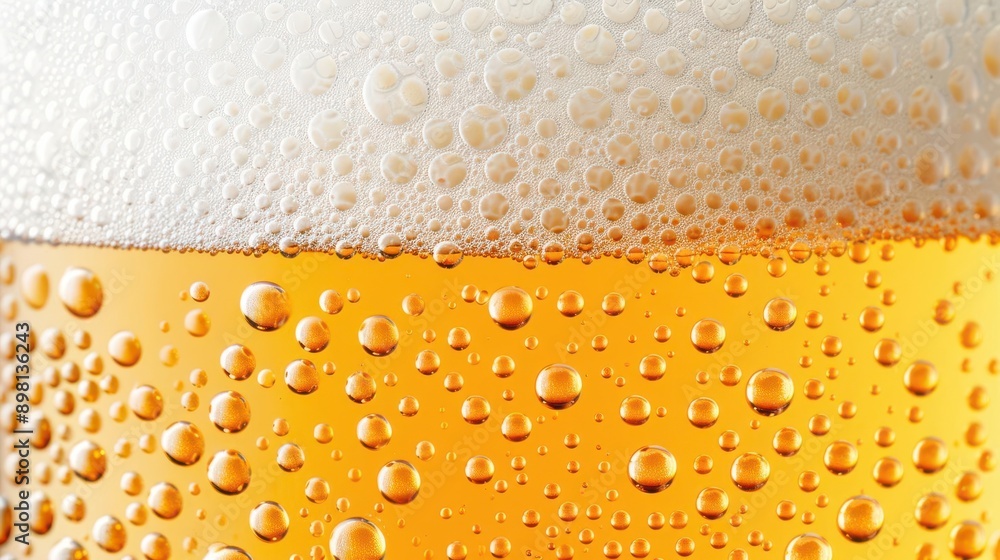 Pint of beer with effervescent bubbles, macro shot, cold and inviting, capturing the dynamic sparkle