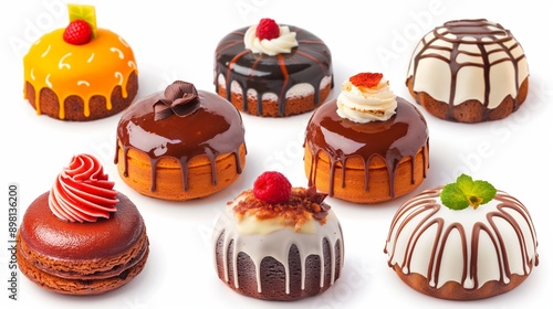 A row of donuts with different toppings, including chocolate and raspberry. The donuts are arranged in a row, with some having more frosting than others. Concept of variety and abundance