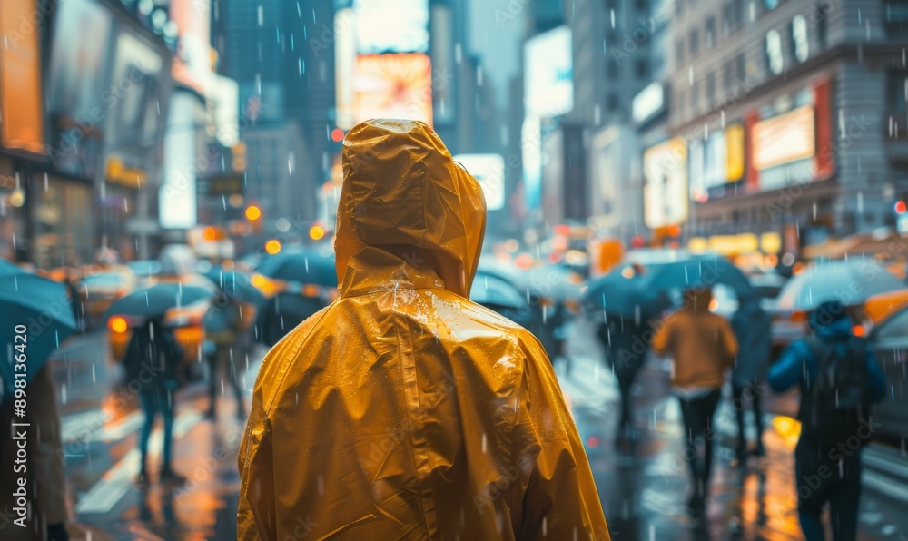 person in yellow raincoat on busy street with crowd and umbrellas under rainy cloudy sky, cityscape background, high resolution photo person in yellow raincoat on busy street with crowd and umbrellas under rainy cloudy sky, cityscape background, high resolution photo