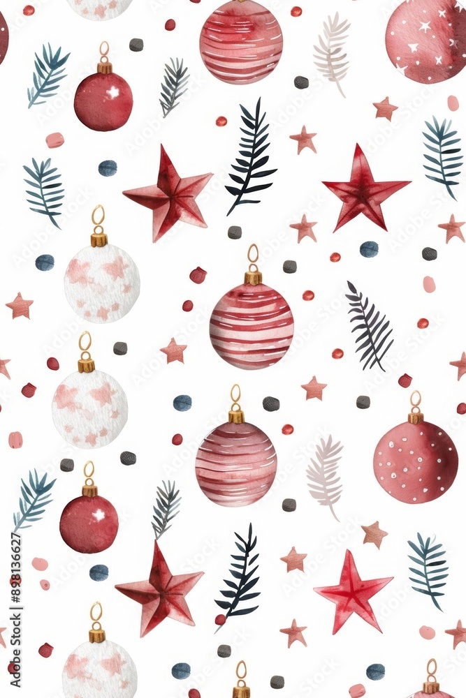 Christmas ornaments in a seamless holiday design, rendered in watercolor style, celebrate the festive spirit with elegant and colorful decorations. Christmas ornaments in a seamless holiday design, rendered in watercolor style, celebrate the festive spirit with elegant and colorful decorations.