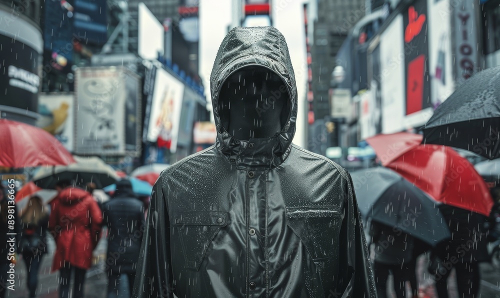 man in black raincoat with hood on New York street surrounded by people with umbrellas, close-up shot with high resolution photography man in black raincoat with hood on New York street surrounded by people with umbrellas, close-up shot with high resolution photography